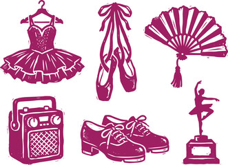 Ballet and dance themed icons featuring a tutu on a hanger, ballet slippers with ribbons, a hand fan, a radio, tap shoes, and a ballerina trophy © MdShareful