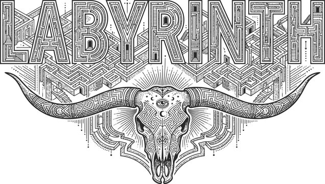 Intricate Labyrinth Typography and Occult Bull Skull Vector Illustration Vector