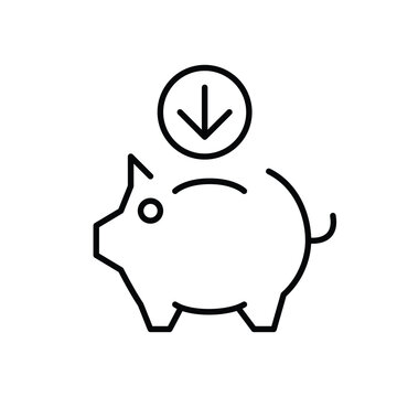 Deposit savings, declining investment. Piggy bank and down arrow. Pixel perfect, editable vector icon