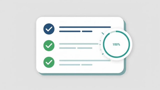Animated digital checklist completing with checkmarks and 100 percent progress circle