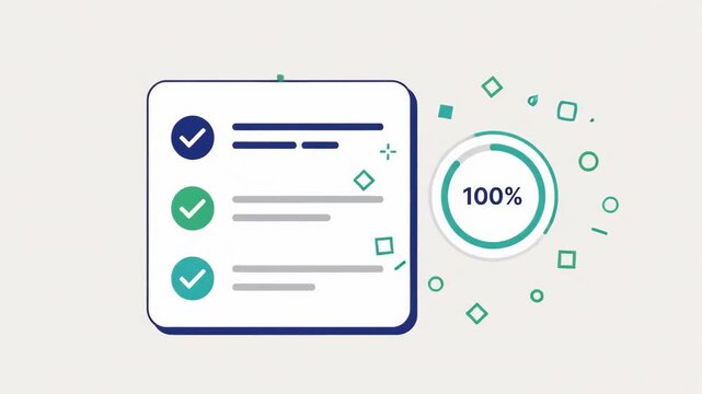 Animated task checklist with blue and green checkmarks showing project completion and productivity