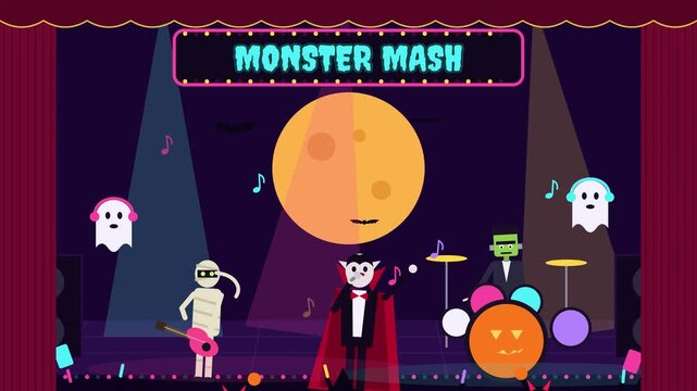 Motion graphic Fun Halloween Monster Band Performing on Stage with Music and Dancing