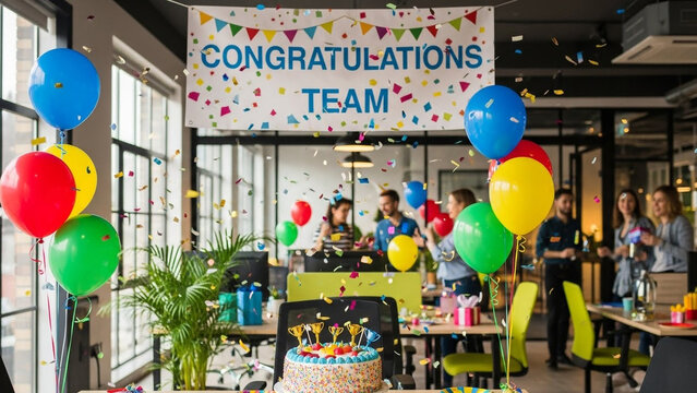 Office party celebration with congratulations team banner colorful