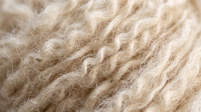 Soft off white raw sheep wool texture showing detailed wavy curly fibers under bright natural indoor lighting
