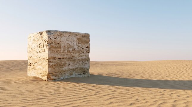 Textured travertine cube resting solitary on rippled golden sand dunes under soft natural daylight casting long shadows