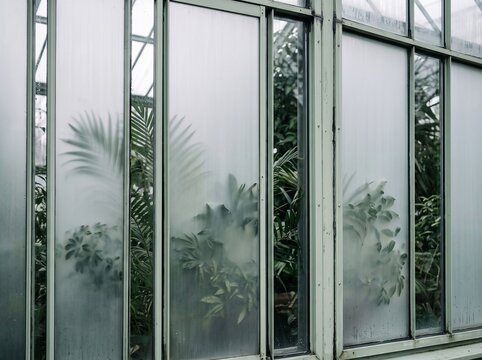 Frosted Greenhouse Windows with Tropical Plant Silhouettes