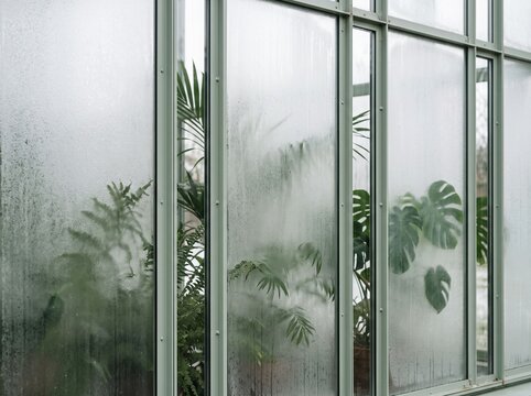 Foggy Greenhouse Windows with Lush Tropical Plants