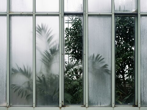 Foggy glass panels of a greenhouse revealing silhouettes of tropical plants