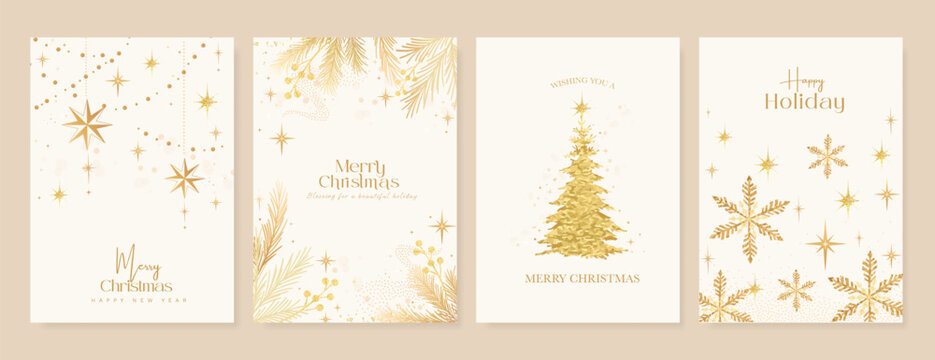 Christmas and Happy New Year card vector. Winter leaves branch, pinecone, bauble, reindeer with gold foil texture on white background. Illustration for cover, print, poster, invitation.