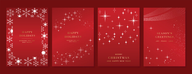 Christmas Luxury Red and white happy holiday invitation card design vector. Christmas tree, snowflake, holly, firework with spot texture on red background. Design illustration for cover, print, poster