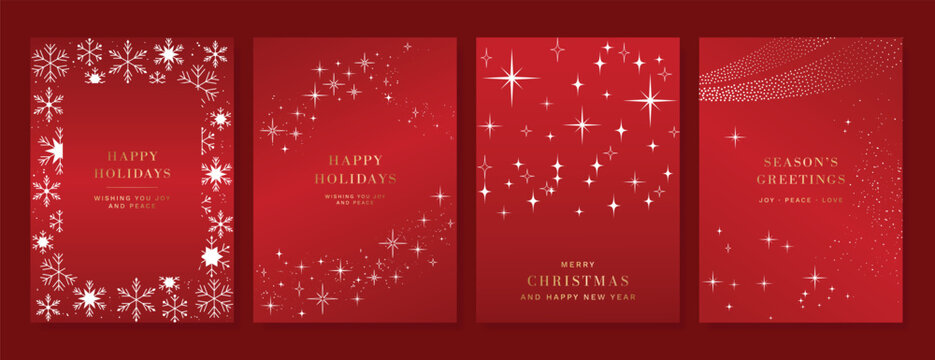 Christmas Luxury Red and white happy holiday invitation card design vector. Christmas tree, snowflake, holly, firework with spot texture on red background. Design illustration for cover, print, poster