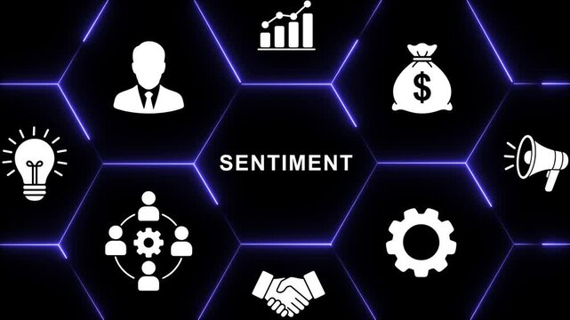 Digital sentiment analysis concept featuring business financial growth charts, strategic networking, and marketing communication symbols arranged in a futuristic glowing hexagonal grid