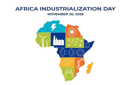 Africa industrialization day colorful map graphic with industrial and renewable energy icons wind turbine white background continent geography industry development multicolor
