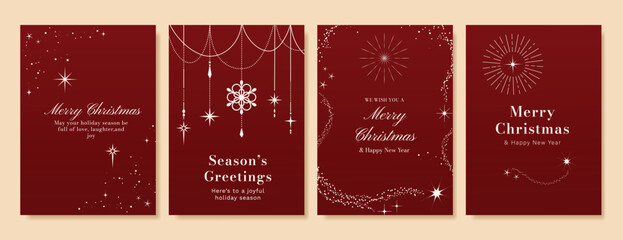 Fototapeta na wymiar Christmas Luxury Red and white happy holiday invitation card design vector. Christmas tree, snowflake, holly, firework with spot texture on red background. Design illustration for cover, print, poster