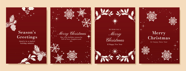 Obraz na płótnie Canvas Christmas Luxury Red and white happy holiday invitation card design vector. Christmas tree, snowflake, holly, firework with spot texture on red background. Design illustration for cover, print, poster