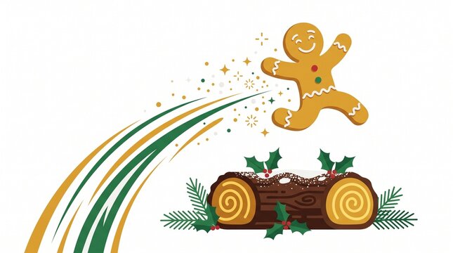 Illustration of a happy gingerbread man leaping over a chocolate Yule log cake with holly and pine branches with motion trails and sparkles, concept of playful Christmas baking and holiday treats