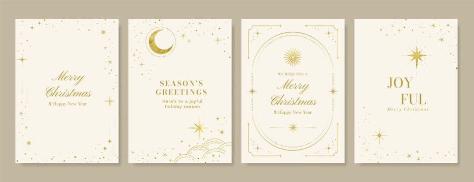 Christmas and Happy New Year card vector. Winter leaves branch, pinecone, bauble, reindeer with gold foil texture on white background. Illustration for cover, print, poster, invitation.