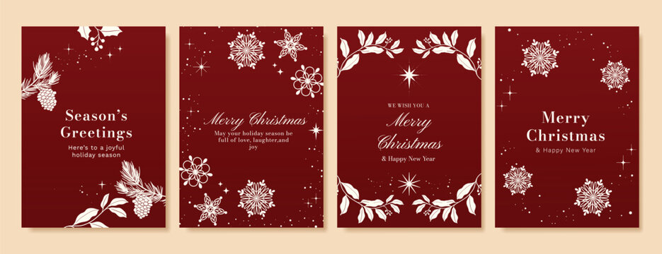 Christmas Luxury Red and white happy holiday invitation card design vector. Christmas tree, snowflake, holly, firework with spot texture on red background. Design illustration for cover, print, poster