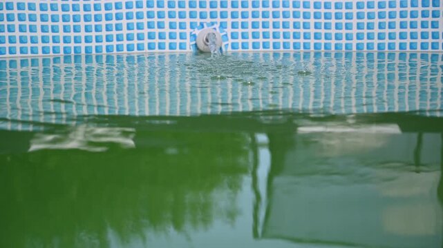 Filtered Water Flowing into a Swimming Pool with Green Water, Pool Filtration and Water Quality Concept, 4K Ultra HD Video