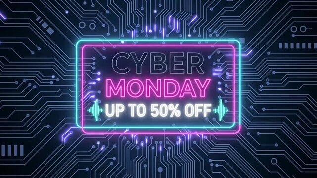 Cyber Monday 50% off sale banner motion graphic loop with glowing neon sign over blue digital circuit board background
