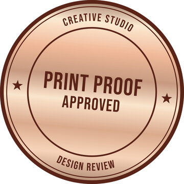 Gold metallic Print Proof Approved round rubber stamp with striped background, editable vector illustration