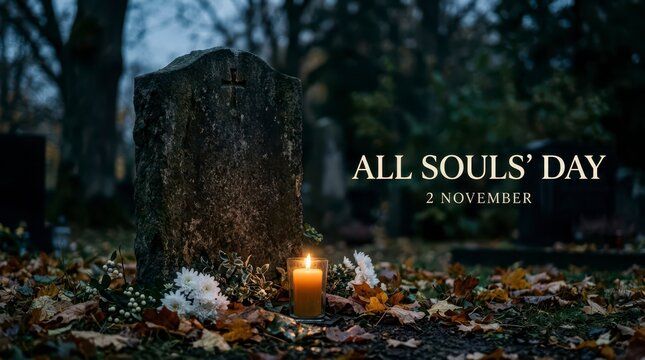 All souls' day candles with flowers in forest