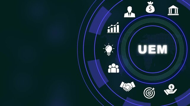 Unified endpoint management uem concept featuring digital interface with business and global network connectivity for corporate it infrastructure security and enterprise data systems optimization