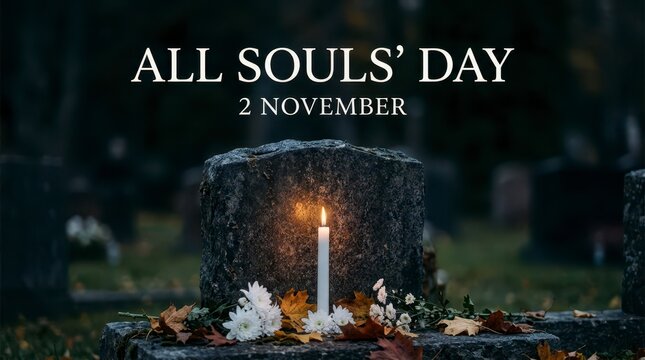 Candle lit for all souls' day on gravestone