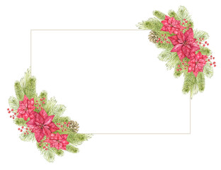 Christmas watercolor frame with poinsettias, evergreen pine sprigs and red berries decorating opposite corners around a blank white center. For Christmas cards, holiday greetings and invitations. © Evgeniia