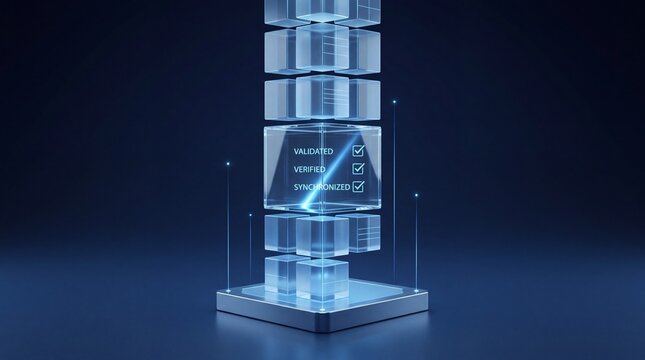 Abstract digital data tower structure with glowing blue lines and particles, representing technology and information flow on a dark background