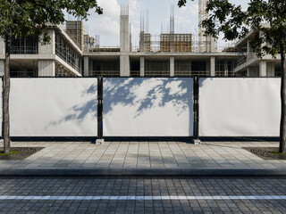 Blank billboard hoarding mockup on urban construction site with tree shadows © impro-studio
