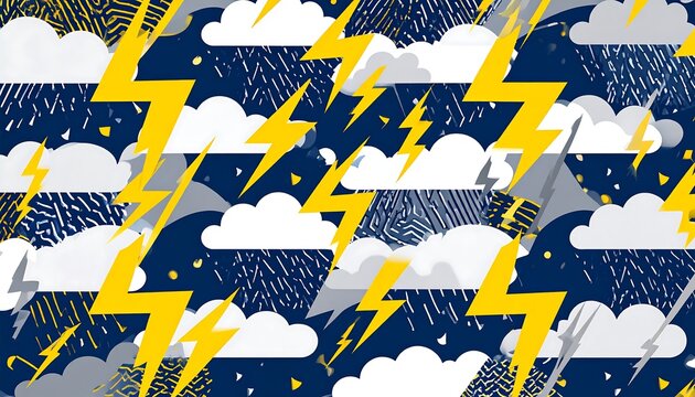 A seamless pattern features yellow lightning bolts and white clouds against a dark blue.