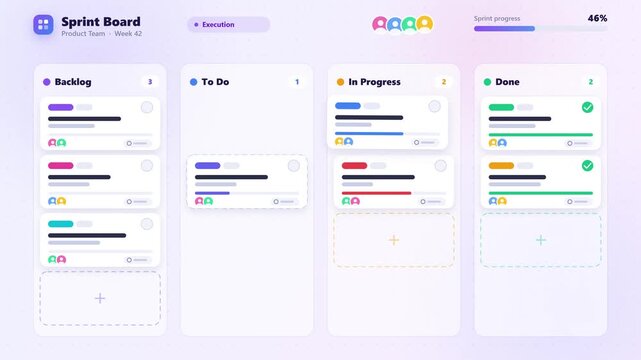 Kanban Project Management Board Animation With Task Cards Moving Between Columns, Sprint Progress and Team Avatars, Flat Vector SaaS Dashboard Seamless Loop