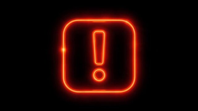 Neon Warning Icon with Red Glow, Exclamation Alert Symbol Inside Rounded Square on Black Background, Bright Light Sign Conveying Urgency, Danger, Notification, and Digital Safety Interface Design