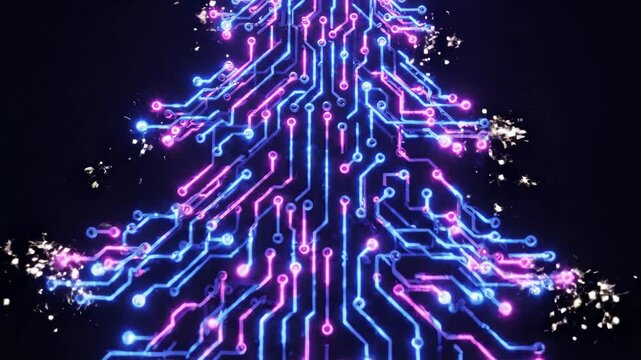 Digital circuit board christmas tree glowing with neon blue and pink lines on a dark background