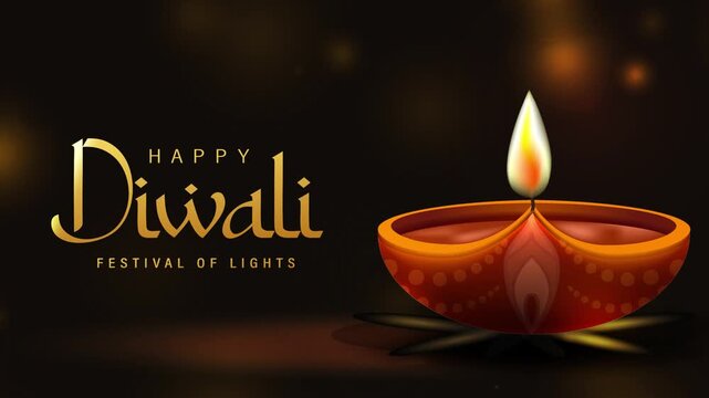 Happy Diwali Festival of Lights with Glowing Traditional Oil Lamp on Dark Festive Background 4K Motion Graphics Animation