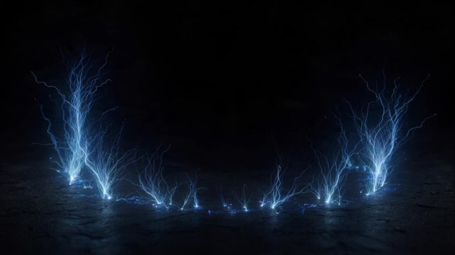 Electric Lightning Energy Arcs Across Dark Reflective Surface, Creating Blue Glow, Luminous Branching Patterns, Atmospheric Tension, Intricate Plasma Detail, Dramatic Symmetrical Reflection