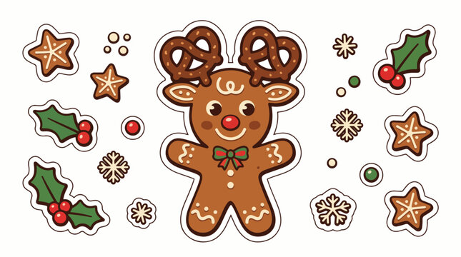 Gingerbread reindeer sticker vector illustration set with holiday cookies and festive winter decorations