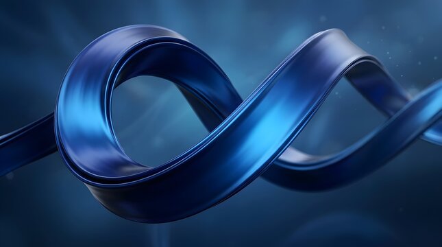 Glossy dark blue metallic ribbon twisting endlessly against a blurred soft glowing deep background surface during digital rendering