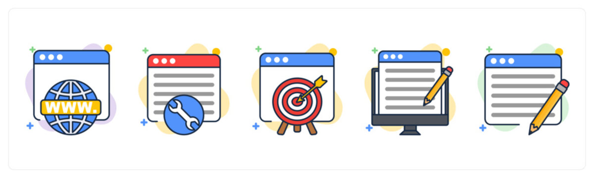 A set of 5 mix icons as Domain, Technical SEO, seo Achievement