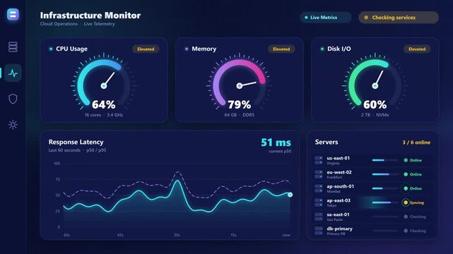 Cloud Server Monitoring Dashboard Animation With CPU Memory Disk Gauges, Latency Graph and Server Status List, Flat Vector DevOps Interface Seamless Loop