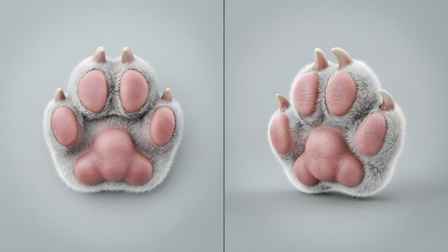 Closeup of a cute, fluffy animal paw with pink pads and sharp claws, rendered in 3d style