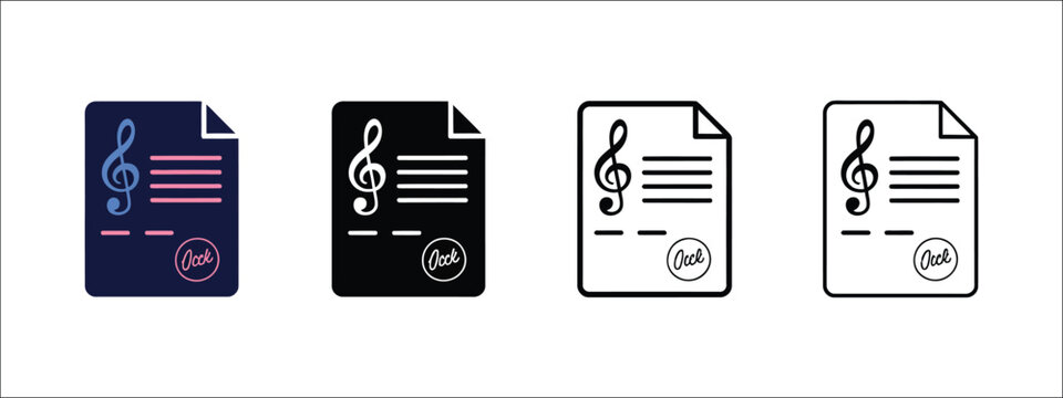 music copyright icons, document contract symbols for song rights, musical agreements, intellectual property protection, licensing, royalty management, legal ownership, and entertainment industry flat 