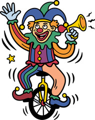 Colorful comic happy jester clown riding a unicycle and blowing horn flat vector illustration © MPROJECT