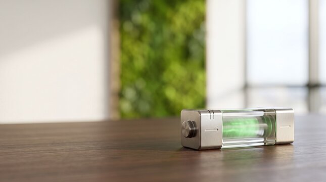 Sleek metallic and glass device containing glowing green substance rests on a wooden surface
