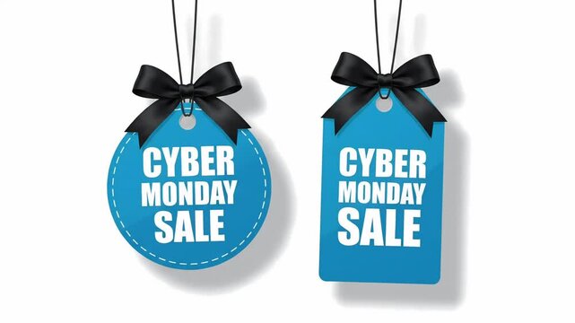 Cyber Monday sale price tags 3D render loop with elegant black ribbons and blue discount labels isolated over white background
