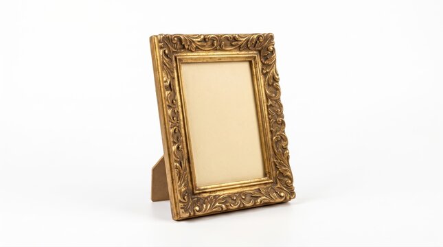 Empty ornate vintage gold picture frame standing on a flat surface