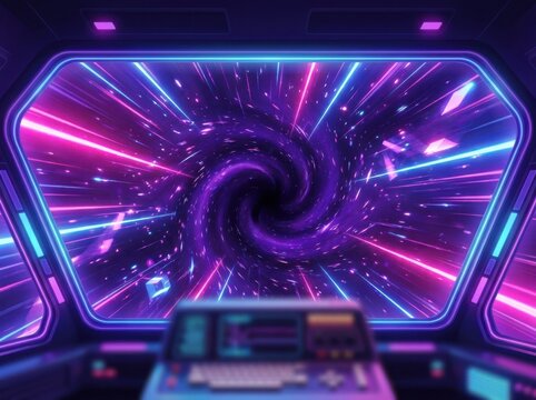 Spaceship cockpit viewing a vibrant purple and blue wormhole with glowing streaks and stars during hyperspace travel
