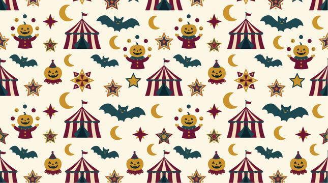 Halloween circus vector seamless pattern featuring pumpkins tents bats and stars on beige background