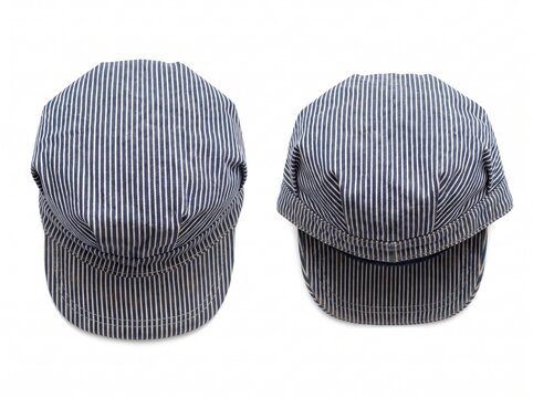 Two views of a striped hickory denim train conductor cap.